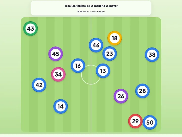Tapitas de colores con números sobre una cancha verde. Arriba: «Toca las tapitas de la menor a la mayor». Nivel 6.